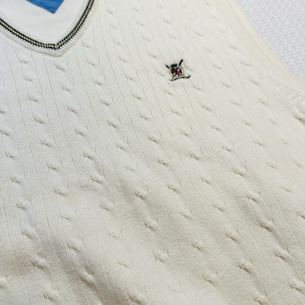 Vintage Tommy Hilfiger Golf Men V Neck Cable Knit Sweater Vest Cream szXL Preppy - Picture 10 of 14